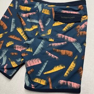 New Outerknown Mens Board Shorts Size 34 Teal‎ Brushstroke Print Swim Trunks